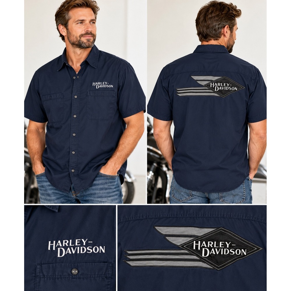 Harley Davidson Men's XL Navy Embroidered Motorcycle Button Up Shirt 99032-11VM